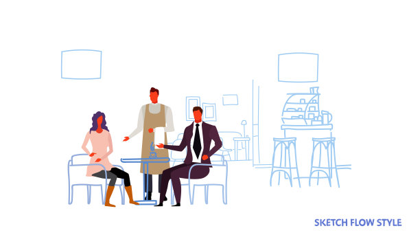 男服务员站在男服务员旁边，女游客坐在咖啡厅餐桌旁，现代餐厅内部，男女性卡通人物全长素描流动风格横卧图片下载