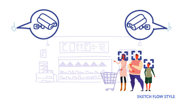 幸福家庭抱着购物车在超市闭路电视人脸识别概念安全摄像系统现代杂货店室内素描水平图片下载