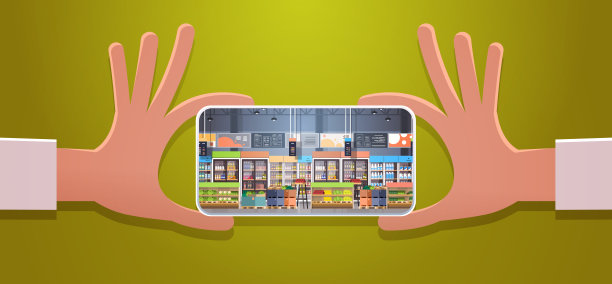 人手握着智能手机拍摄现代超市内部的照片，手机屏幕上的食品分类显示水平图片下载