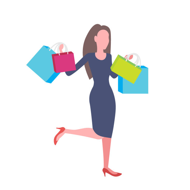 优雅的女人手持彩色纸袋商业零售概念女性卡通人物全长扁平孤立图片下载