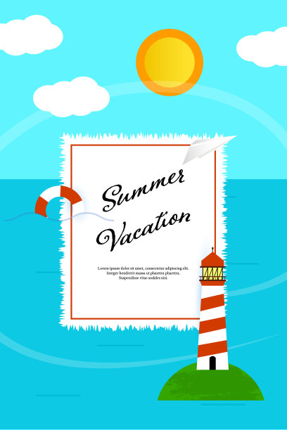 夏日贺卡上有海、纸飞机、灯塔、太阳和云彩。矢量插图在平坦的风格与现代印刷。图片下载