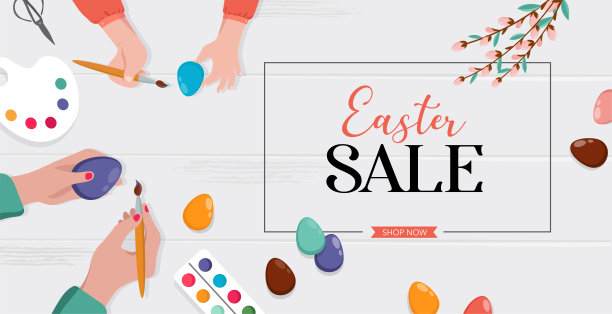 复活节场景-快乐的家庭准备复活节。妈妈、爸爸和女儿们正在画鸡蛋。矢量图图片下载