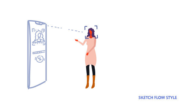 女人看智能手机屏幕人脸识别技术概念生物识别扫描系统加载过程移动应用程序识别女孩素描水平图片下载