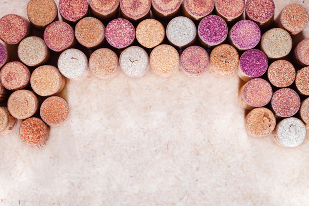 酒壶背景水平。为你的文本复制空间。用葡萄酒瓶塞。葡萄酒软木塞的颜色变化。不同的软木塞。图片下载