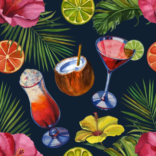 水彩图案的热带棕榈叶，香蕉，菠萝，饮料派对和鲜花。无缝模式图片下载