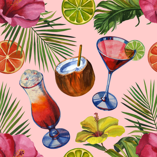 水彩图案的热带棕榈叶，香蕉，菠萝，饮料派对和鲜花。无缝模式图片下载