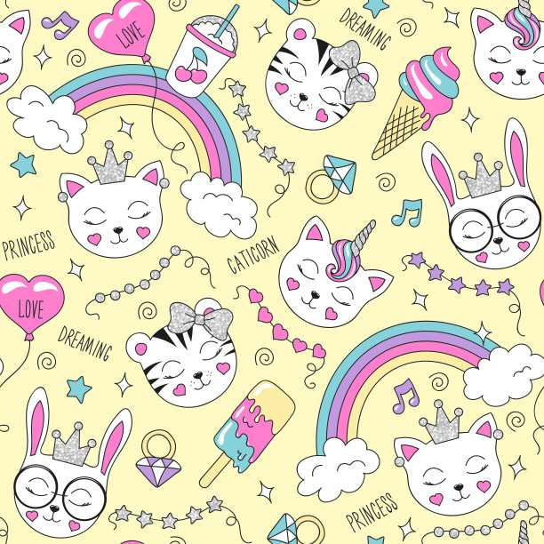 黄色背景上有可爱的动物图案。彩色时尚无缝图案。时装插画，现代风格的服装。为孩子们画衣服，t恤，织物或包装。老虎,猫,兔子图片下载