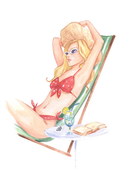 女孩在海滩上晒日光浴素材图片