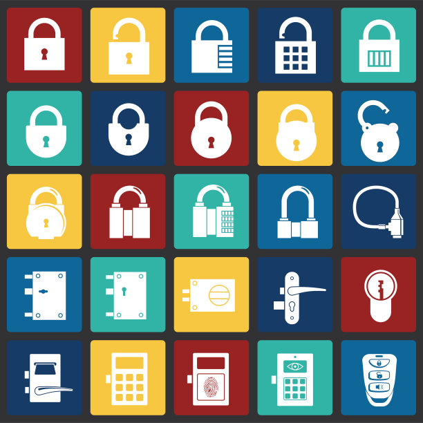 锁定图标设置在彩色方块背景图形和网页设计，现代简单的矢量符号。网络的概念。时髦的符号为网站设计网页按钮或移动应用程序。图片下载