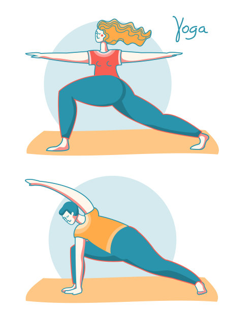 瑜伽的时间。女人和男人在运动垫上练习瑜伽。矢量插图健康的生活方式图片下载