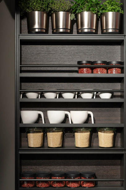 不同的物品站在黑色厨房木架上的垂直照片与设计组件图片下载