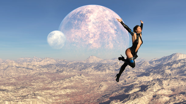 一个女人在一个陌生世界的天空中跳跃的插图图片下载