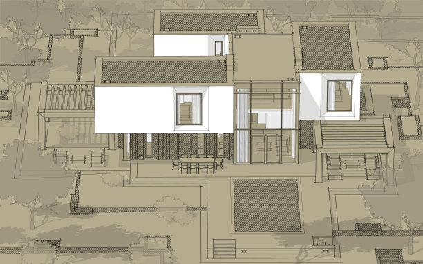 现代舒适的花园住宅三维效果图白点黑线草图和手工背景手绘随从图片下载
