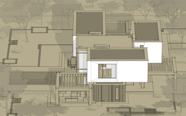 现代舒适的花园住宅三维效果图白点黑线草图和手工背景手绘随从图片下载