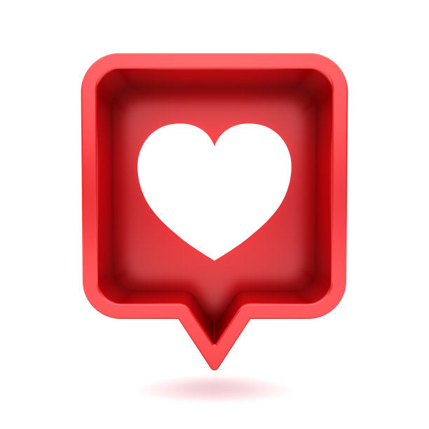 3d社交媒体通知光的爱如心在红色圆形方形针图标孤立在白色背景与阴影3d渲染图片下载