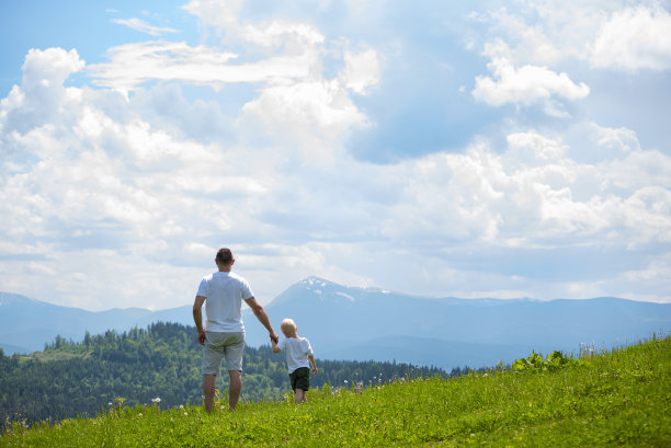 父亲和小儿子站在草坪上欣赏着群山。夏天阳光灿烂的日子。后视图图片下载