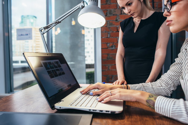 女室内设计师工作与客户使用笔记本电脑看图片坐在现代工作室图片下载