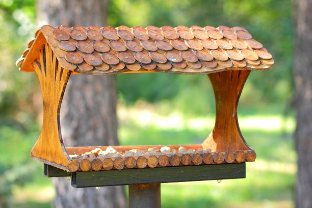 木制喂鸟器。带屋顶的喂鸟器。森林里喂养鸟的房子图片下载