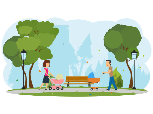 年轻快乐的父母推着婴儿车在城市公园里散步图片下载