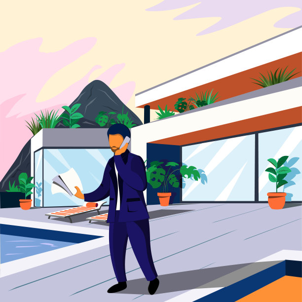 现代舒适的房子，有一个休息的平台和一个男人在电话里穿西装。从外面看。架构和设计。图片下载