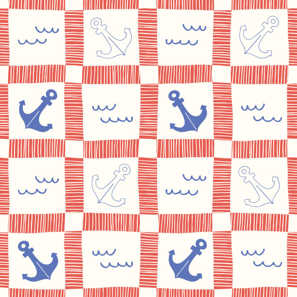 手绘航海格子与锚和波浪矢量无缝模式。海洋背景图片下载