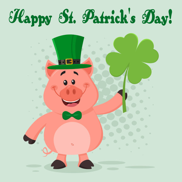 快乐的小妖精猪卡通人物抱着叶子三叶草图片下载