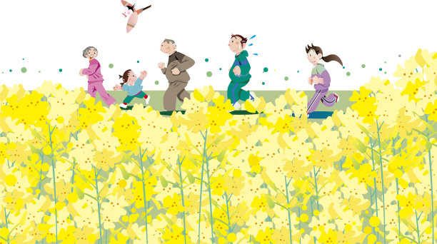 奔跑的家庭就像盛开的油菜花图片下载