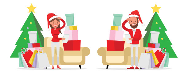 购物男女角色矢量设计。圣诞购物。图片下载