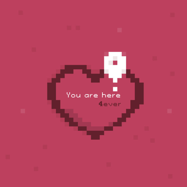 图片心脏在像素风格与导航标志和文字“你在这里4ever”。图片下载