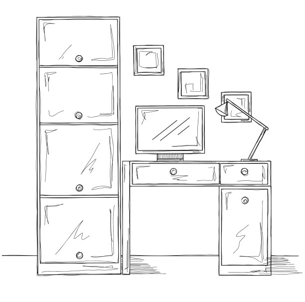 素描的房间。办公椅，书桌，桌子上各种物品。素描的工作区。矢量图图片下载