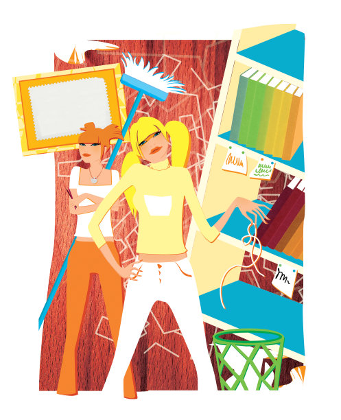 两个年轻女孩正在打扫房间图片下载