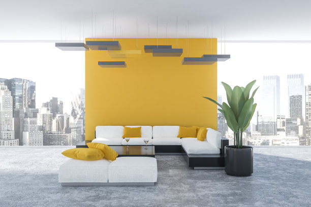 黄色的客厅，白色的沙发图片下载