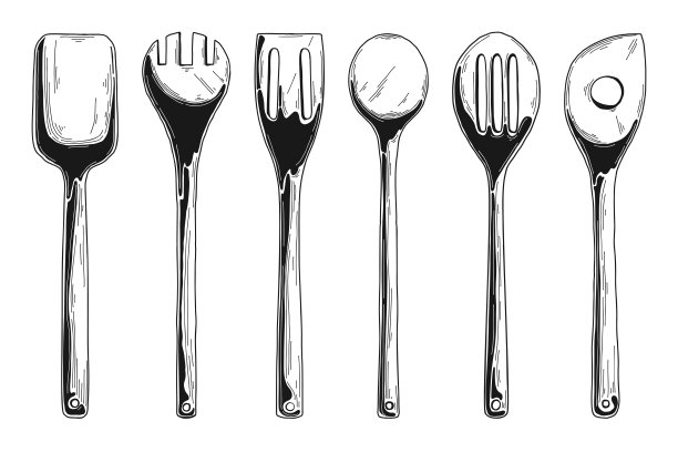 厨房一套不同的木勺。矢量图图片下载