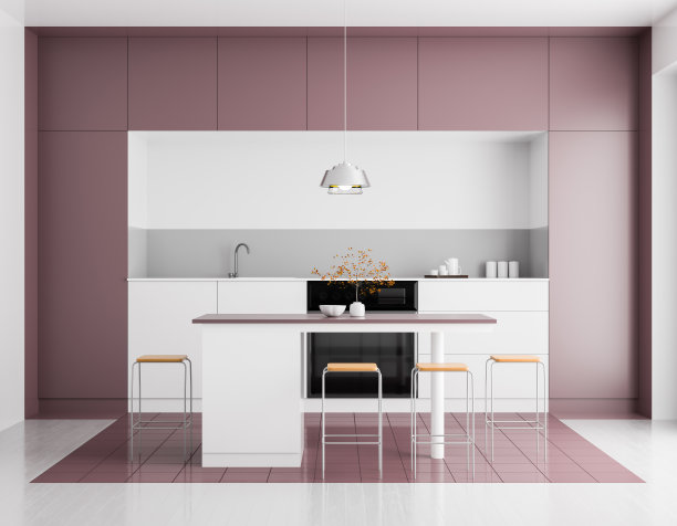 现代明亮的厨房内部。简约的厨房设计与酒吧和凳子。3 d演示。图片下载