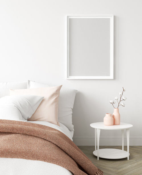 模拟海报框架在卧室，斯堪的纳维亚风格图片下载