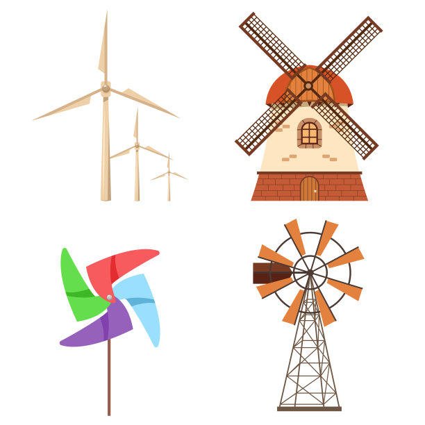 农场风车、电动风力涡轮机、纸风车矢量集。替代生态能源平面卡通图标收集孤立的白色背景。图片下载