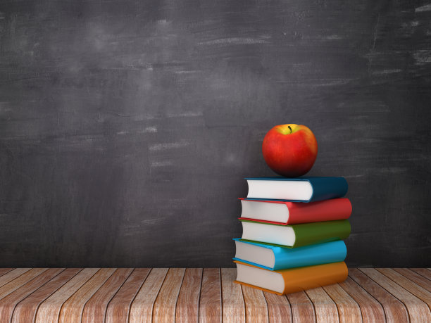 书与苹果在木地板-黑板背景- 3D渲染图片下载