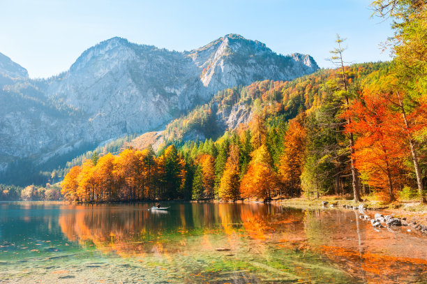 秋天的树在湖边的阿尔卑斯山，奥地利。图片下载