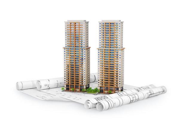 在平面图上是现代公寓楼。三维演示图片下载