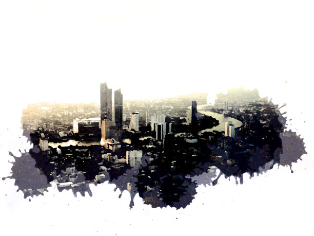 以城市抽象的色彩建筑为背景绘制水彩插画。图片下载