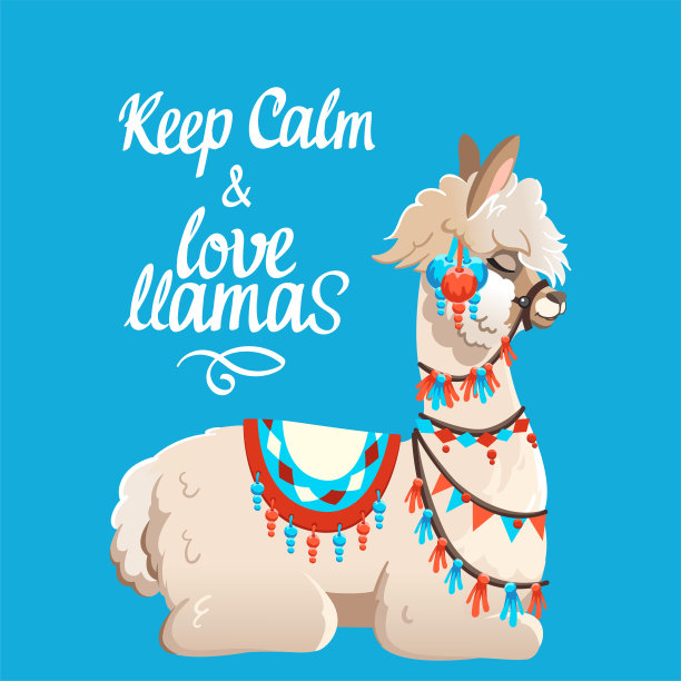 插图与骆驼和仙人掌植物。蓝色背景上的矢量无缝模式。羊驼贺卡。图片下载