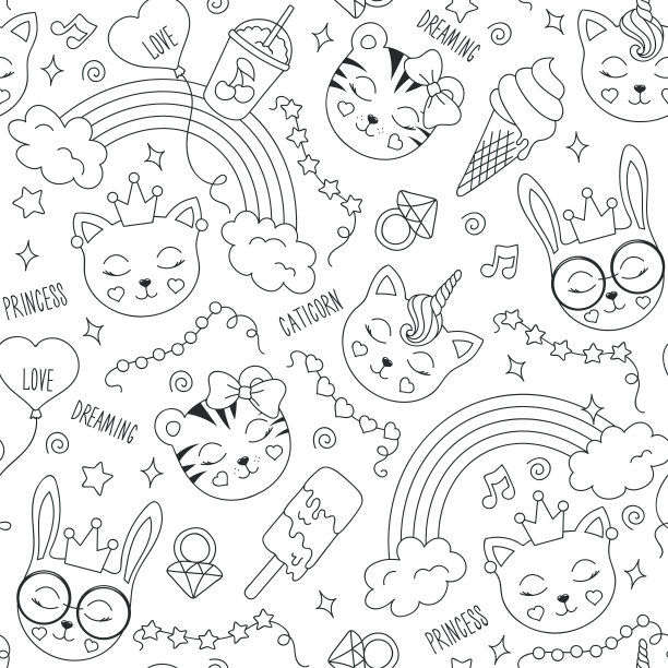 白色背景上有可爱的动物图案。时装插画，现代风格的服装。老虎,猫,兔子。黑白抽象轮廓无缝图案。图片下载