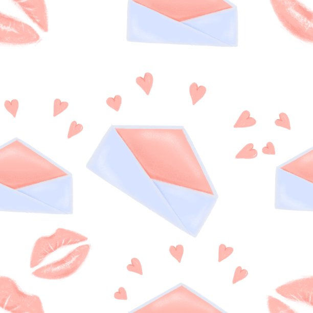 口红吻、信封、心形无缝图案为情人节商品设计、表白、婚礼请柬、纸张打印、时尚纺织、店铺。爱情图案为浪漫产品图片下载