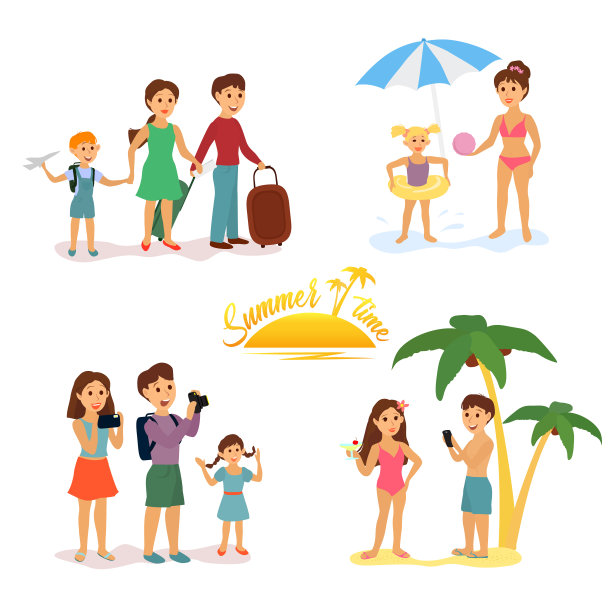 带着孩子去度假的人。卡通人物孤立在白色背景上。矢量图图片下载