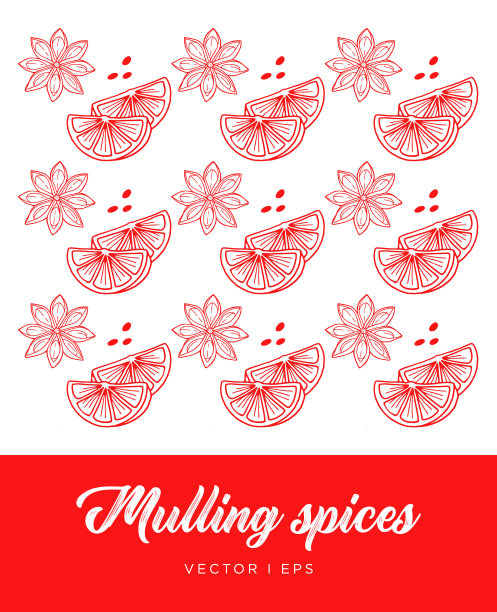 手绘大纲插图加热香料的热酒。八角和一个橙子。假日香辣葡萄酒模式。图片下载