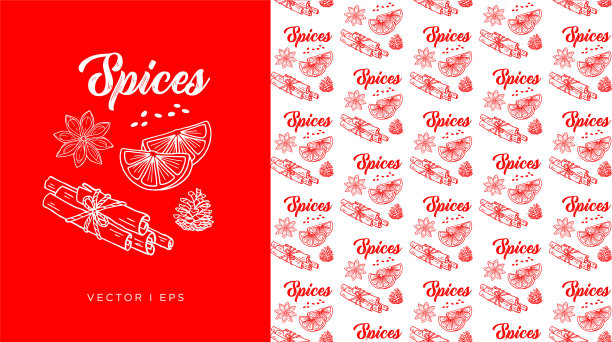 手绘大纲插图加热香料的热酒。八角，橘子和肉桂棒绑在一起，做成松果。寒假，香辣美酒花样。图片下载