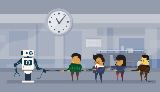 人类Vs机器人现代机器人和商业人士组拉绳人工智能概念图片下载