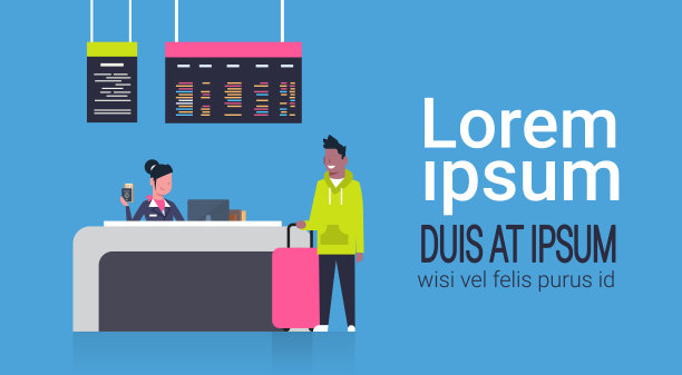 与柜台上的工作人员和非洲裔美国男子乘客检查机场行李，离港板概念图片下载