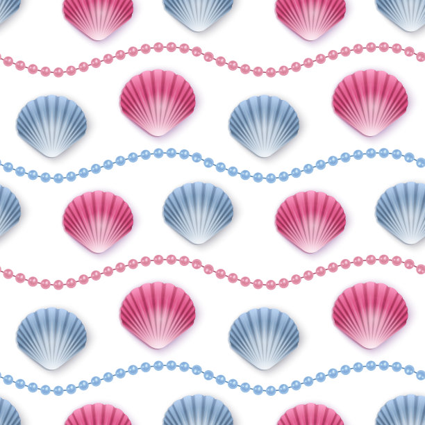 无缝无尽的图案与彩色的贝壳和珍珠在白色的背景上印刷。可用于食品行业的壁纸，海报，包装纸，婚礼贺卡。图片下载