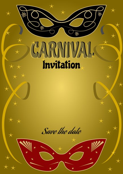 奢华的舞会邀请与复古的黑色和红色面具在金色渐变背景与金色缎带和小金色星星图片下载